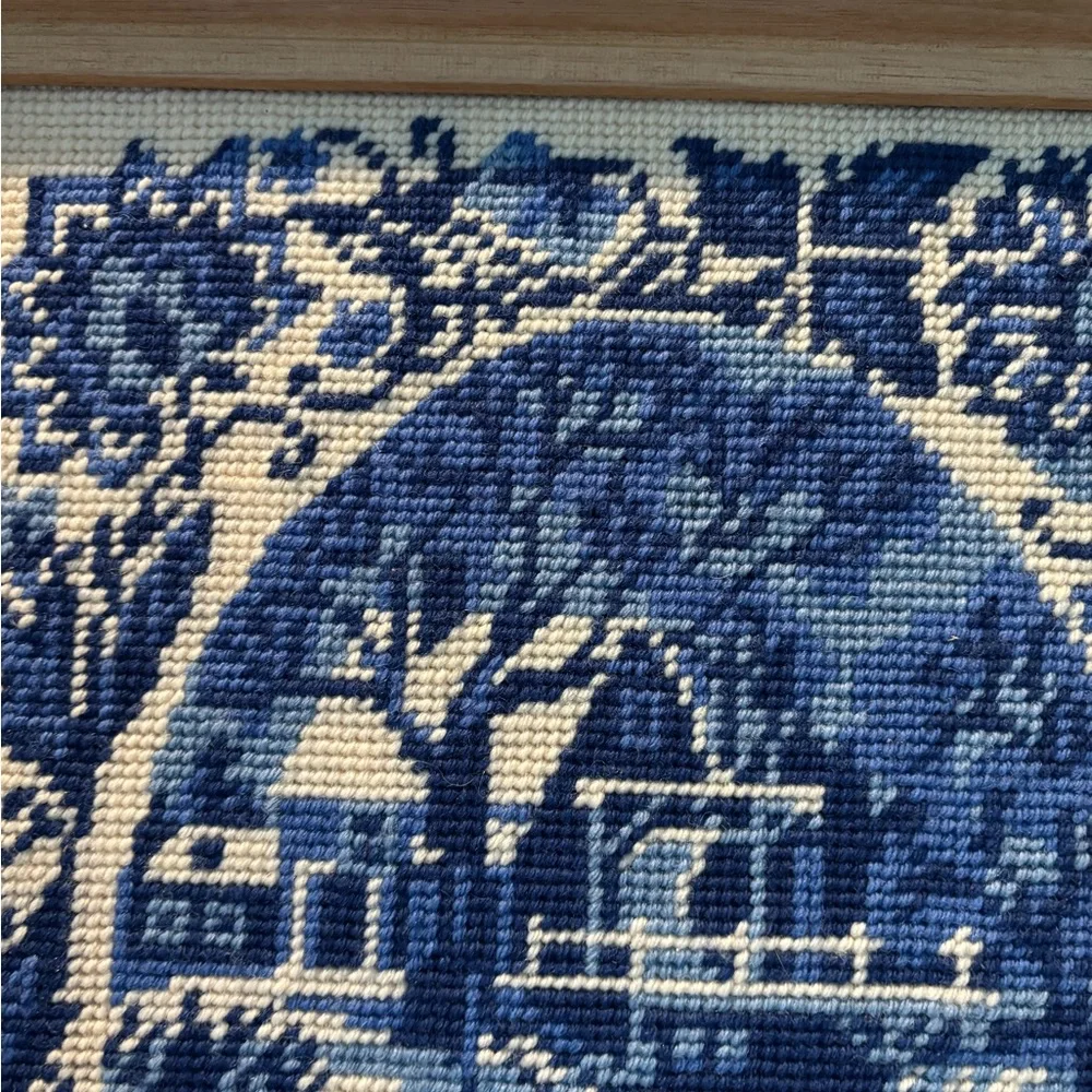 Vintage Blue Cross-Stitch Scenic Winter Art in Wooden Frame - Picture 8 of 16